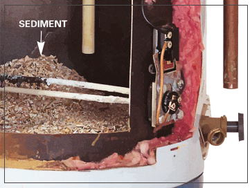 Cross-section of a water heater showing sediment buildup inside. Exposed wiring and insulation indicate wear and maintenance issues. Brown and pink tones.