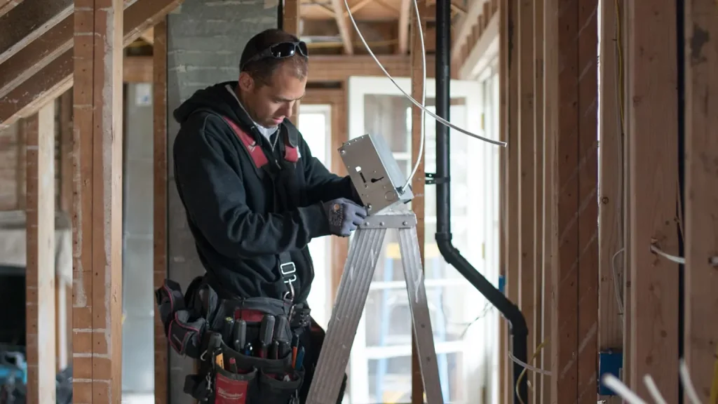 A licensed electrician is focused on wiring in an unfinished house. He stands on a ladder, wearing a tool belt and hoodie, conveying diligence and focus.