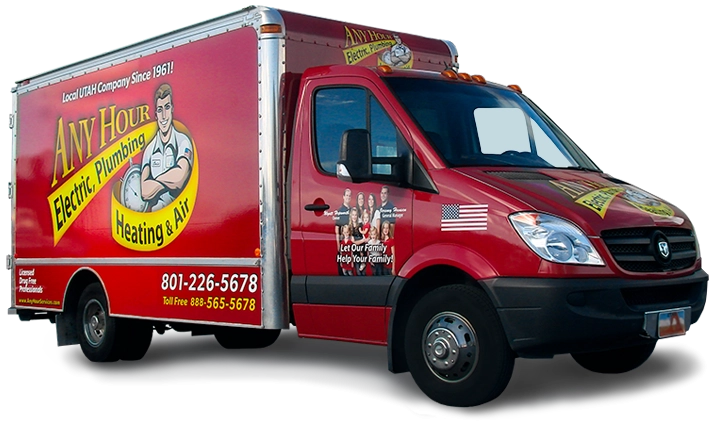 A red utility truck with a bold Any Hour Electric, Plumbing, Heating & Air logo on the side.