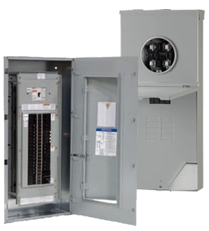 Open gray electrical panel box with multiple breakers, revealing internal components. A closed meter socket enclosure is layered behind, creating an industrial tone.