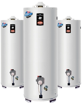 Three Tall, white cylindrical water heaters with a control panel and safety labels. The modern design suggests efficiency and reliability.