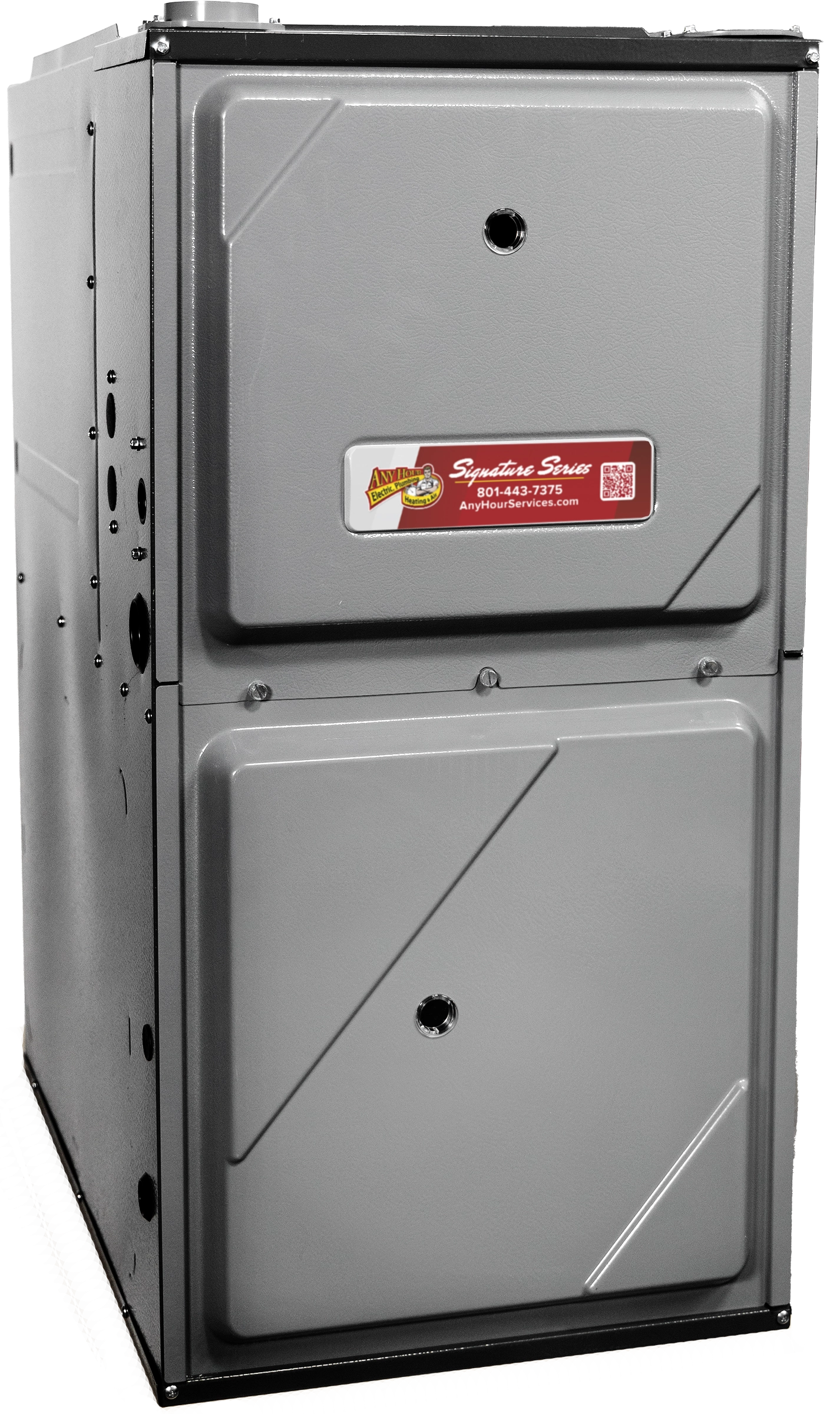 A gray metal furnace with a boxy design, featuring a red label displaying Any Hour Signature Series. It conveys a sense of durability and functionality.