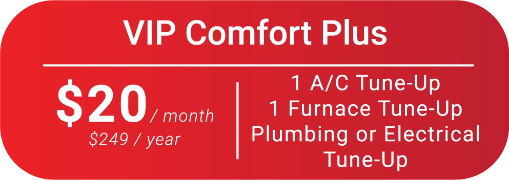 Red promotional banner for VIP Comfort Plus offering services for $20/month or $249/year. Includes A/C, furnace, plumbing, or electrical tune-ups.