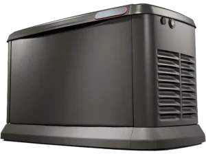 A sleek, modern standby generator with a dark gray, metallic finish. Its front panel is smooth, while the side shows air vents and control knobs.