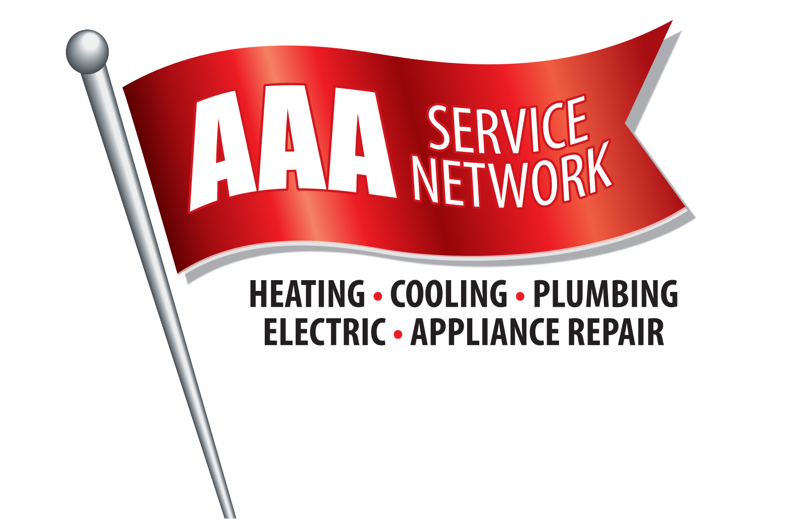 Red flag with AAA Service Network in bold white text. Offers heating, cooling, plumbing, electric, and appliance repair services. Bold and professional tone.