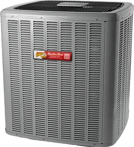 Outdoor air conditioning unit with a metallic finish, featuring a grille top and side vents. A red Any Hour service label is visible, adding a professional touch.