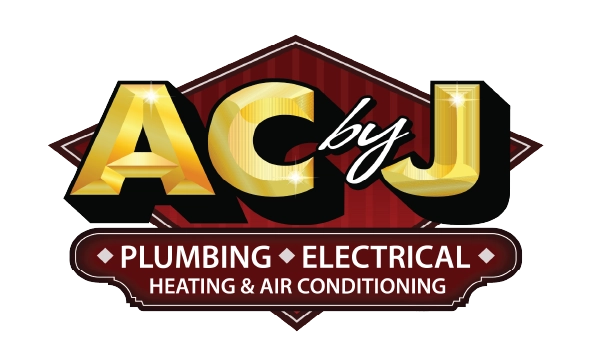 A bold logo showing AC by J in gold letters with a red background. Below, services listed: Plumbing, Electrical, Heating & Air Conditioning.