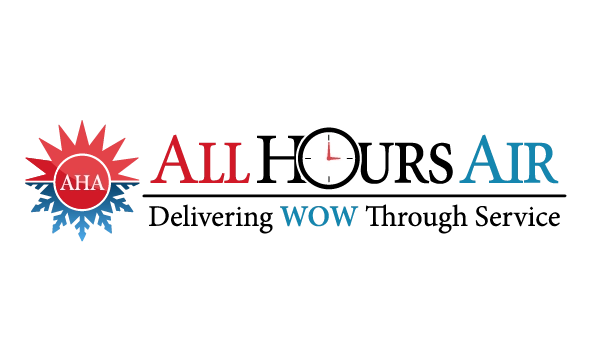 Logo for All Hours Air featuring a sun and snowflake symbol with AHA in the center. A clock replaces the O in Hours, emphasizing service availability.