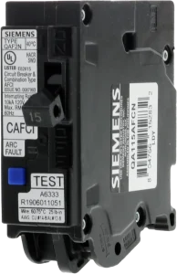 A Siemens circuit breaker featuring labels for 15 amps, arc fault, test button, and specifications, against a neutral background.