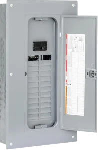 A gray electrical breaker box is shown with its door open, revealing multiple empty slots and one installed circuit breaker. The door has a large safety label.