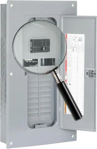 A gray electrical panel with an open door reveals circuit breakers inside. A magnifying glass highlights one breaker, emphasizing focus and inspection.