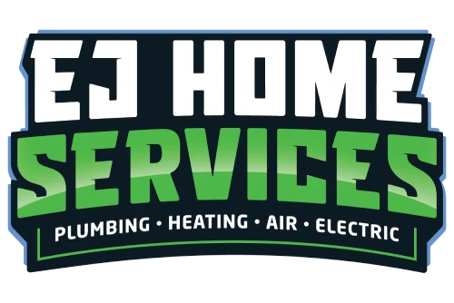 Logo for EJ Home Services with bold, white text on top and green Services and Plumbing, Heating, Air, Electric below. Professional and reliable tone.