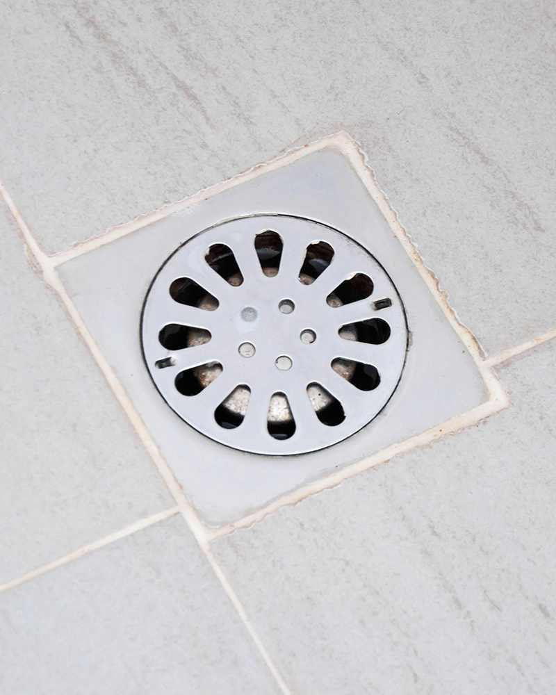 Close-up of a clean metal shower drain with circular perforations, set in light gray tiles. The image conveys simplicity and cleanliness.