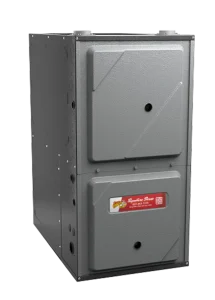 Grey metal furnace with two front panels and a small red AnyHour label. The design is industrial and robust with a simple, functional appearance.