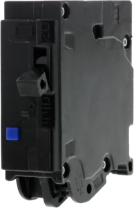 A black circuit breaker with a blue switch is shown in close-up. It is rectangular and features visible screws and switch markings, evoking a technical feel.