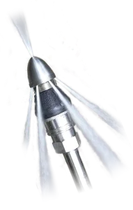 Metal hydro jetting nozzle spraying powerful jets of water outward in all directions. The stainless steel design conveys high-pressure functionality.