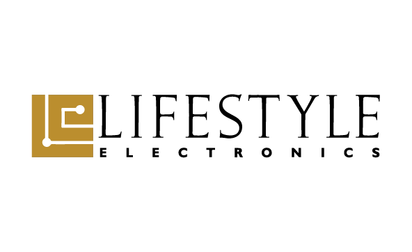 Stylized Lifestyle logo in black, featuring bold, geometric lettering. A small gold square with a spiral pattern and two dots accents the design