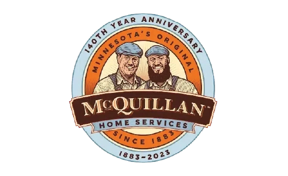 Seal-style logo for McQuillan Home Services, celebrating 140 years (1883-2023). Features two men in caps, text highlighting Minnesota's original company.