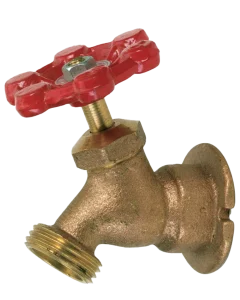 Brass water spigot with a red, star-shaped handle against a plain background. The metallic texture is emphasized, conveying a sturdy and practical tone.