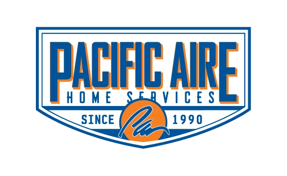 Logo for Pacific Aire Home Services in blue and orange text. It features bold lettering with Since 1990.