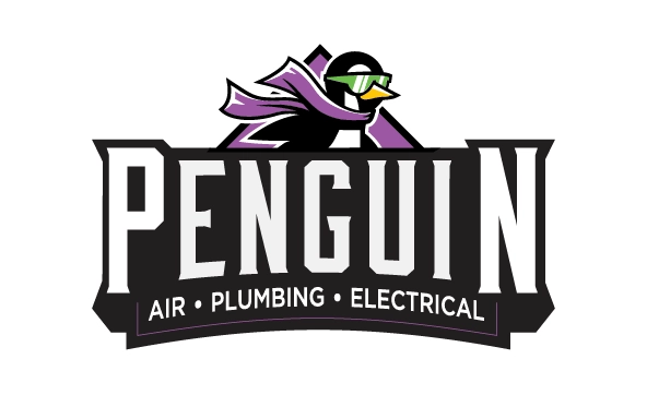 Logo of Penguin Air, Plumbing, Electrical featuring a stylized penguin wearing sunglasses and a purple scarf above bold text. Energetic and modern design.