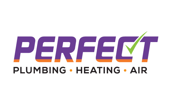 Logo featuring the word Perfect in bold purple letters with an orange underline and a green checkmark. Below, the text Plumbing Heating Air is displayed in black.