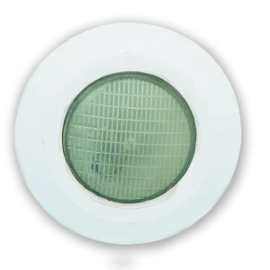 A close-up of a green, grid-patterned underwater light, centered in a white round frame, conveys a technical and precise tone.