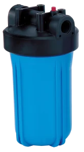 Blue water filter housing with a black lid, featuring multiple connection ports and a red release button. The design is sturdy and functional.