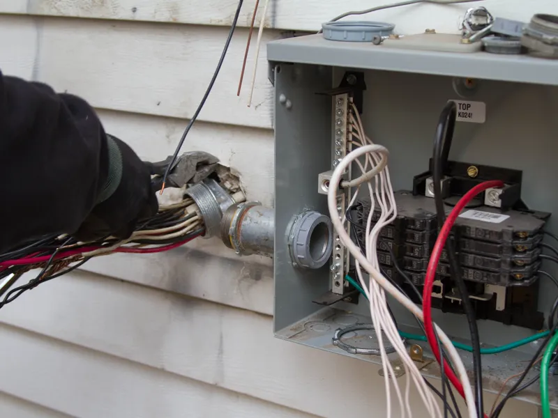 A person wearing a glove works on an open electrical junction box mounted on a white wall. The box has multiple colorful wires connected.