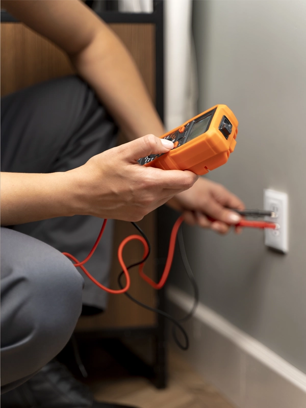 A person uses an orange multimeter to test a wall electrical outlet. The close-up shot captures the focus on safety and technical precision.