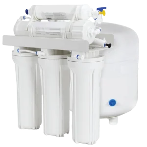 White under-sink water filtration system with multiple cylindrical filters and connectors, conveying a sense of clean, efficient water purification.