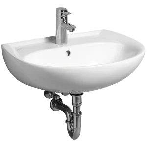 A sleek, white ceramic wall-mounted sink with a modern chrome faucet and visible plumbing. The design is simple and elegant, conveying a minimalist tone.