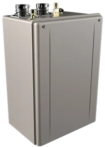 A sleek, metallic water heater with a rectangular design. It features several black and brass-colored connecting valves on top, suggesting a modern, industrial aesthetic.