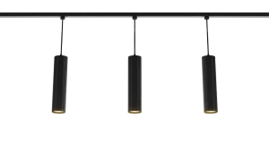 Three sleek, cylindrical pendant lights hang in a row from a track on the ceiling, emitting a warm glow. The design is minimalist and modern.