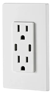 White electrical wall outlet featuring two standard sockets and two USB ports on a sleek, modern faceplate. The design conveys functionality and contemporary style.