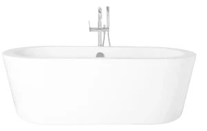 A sleek, modern white freestanding bathtub with smooth edges is set against a white background. The minimalist design includes a stylish chrome faucet.