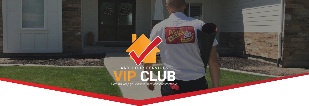 A man walks towards a house with the logo and text overlay: Any Hour Services VIP Club, helping keep your home safe and comfortable.