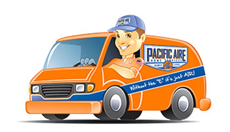 Cartoon illustration of an orange van with a smiling, friendly driver leaning out. The van has a Pacific Aire logo and the slogan, Without the E it's just AIR.