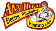 Logo for Any Hour Electric, Plumbing, Heating & Air featuring a smiling technician with crossed arms, a stopwatch, and a bold, professional tone.