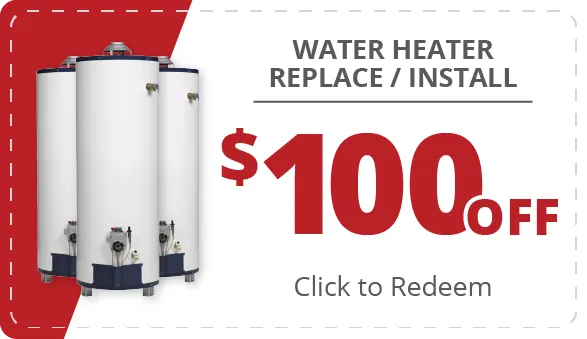 image of a coupon for $100 off of a water heater replacement or install. click to redeem